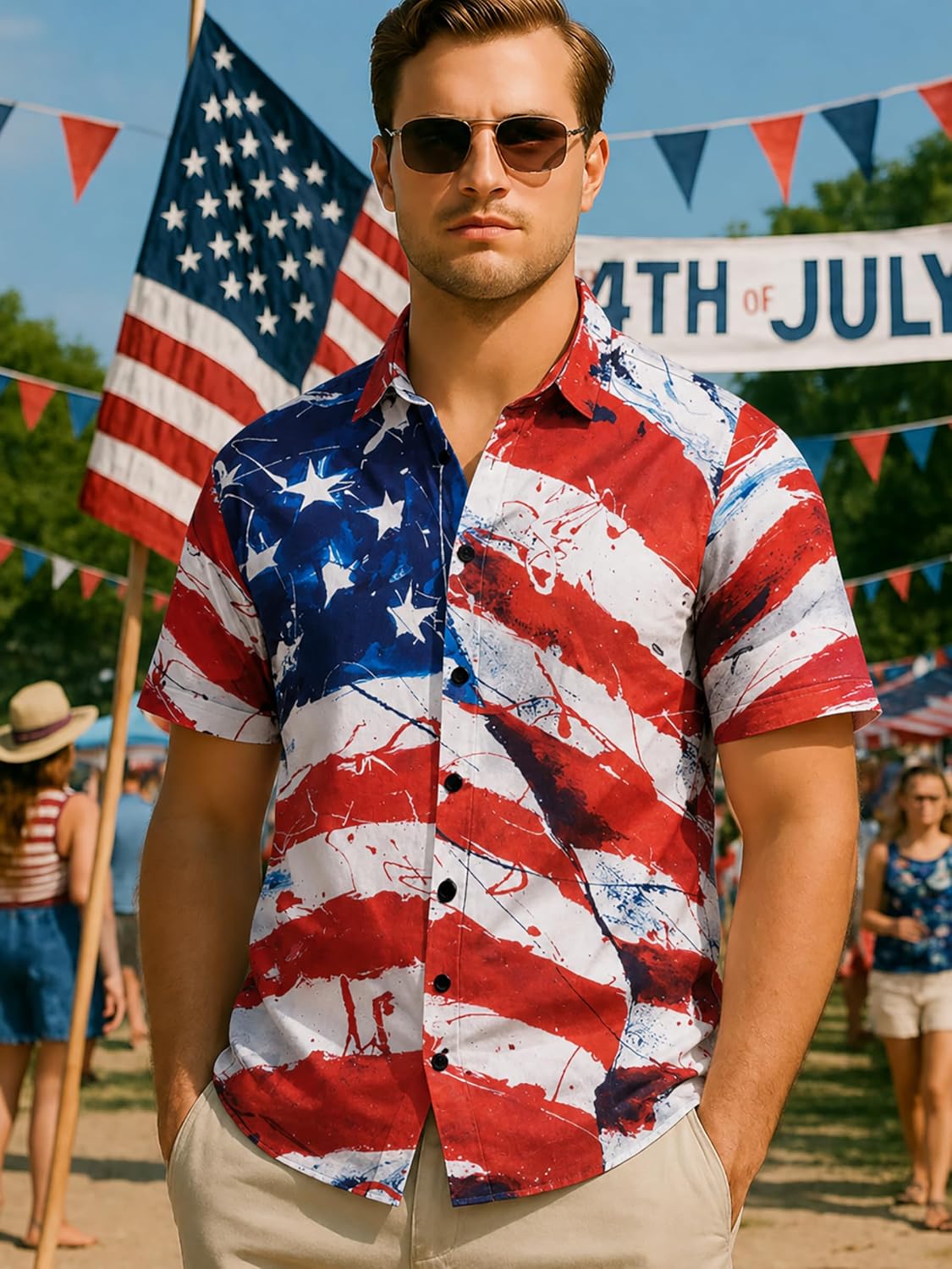 HOTYoimira 4th of July Shirts for Men,Patriotic Grunge Concept USA Flag Button-Down Casual Short Sleeve Hawaiian Shirts for Men