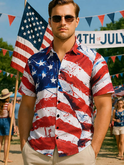 HOTYoimira 4th of July Shirts for Men,Patriotic Grunge Concept USA Flag Button-Down Casual Short Sleeve Hawaiian Shirts for Men