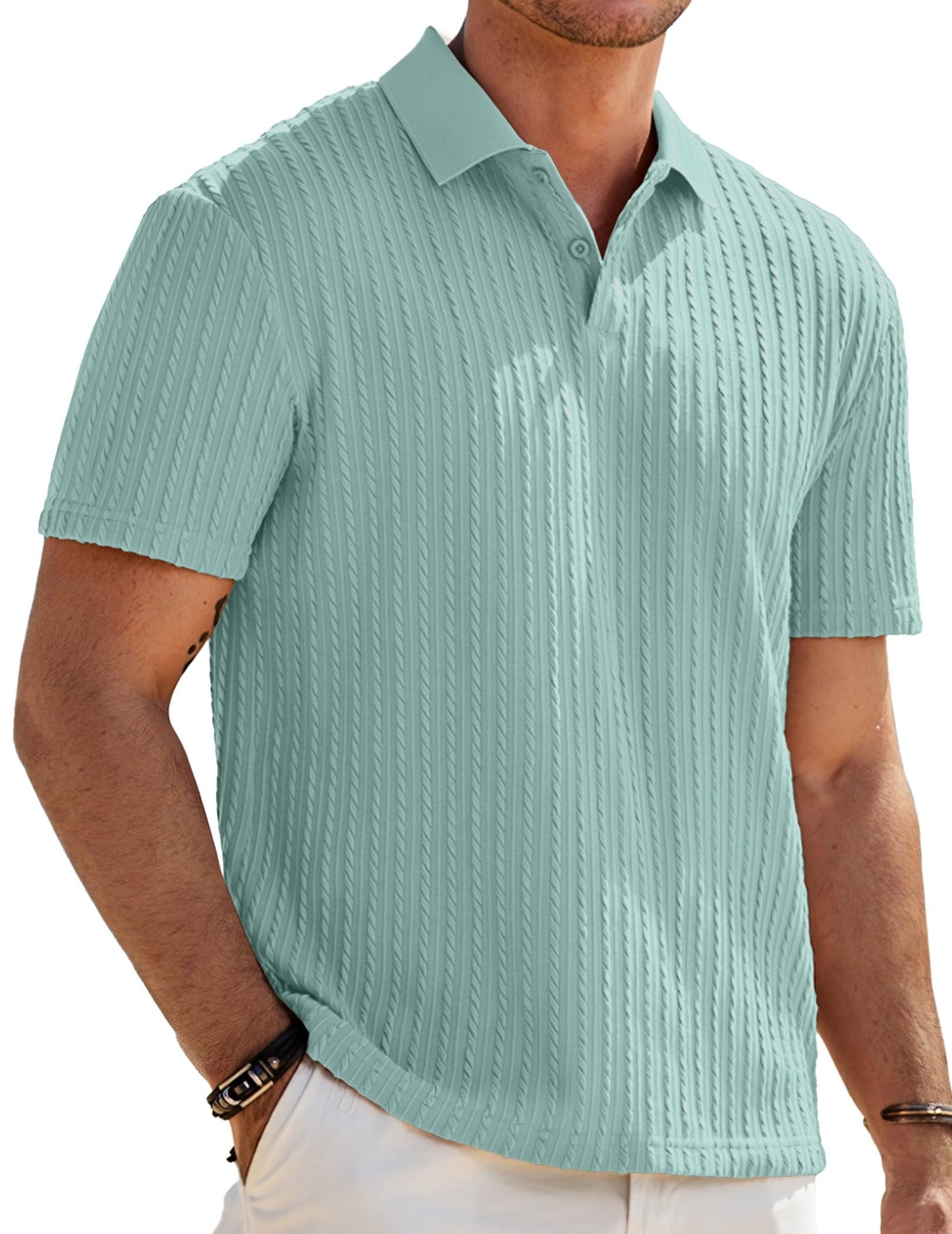 HOTJMIERR Mens Casual Polo Shirt Summer Short Sleeve Vacation Button Beach Knit Stretchy Golf Shirts