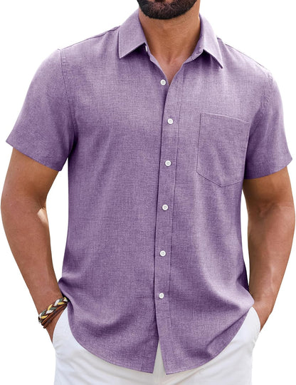 HOTMens Linen Shirt Short Sleeve Wrinkle Free Casual Untucked Button Down Shirts Beach Breathable Tops Summer