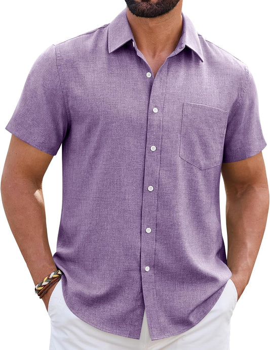 HOTMens Linen Shirt Short Sleeve Wrinkle Free Casual Untucked Button Down Shirts Beach Breathable Tops Summer