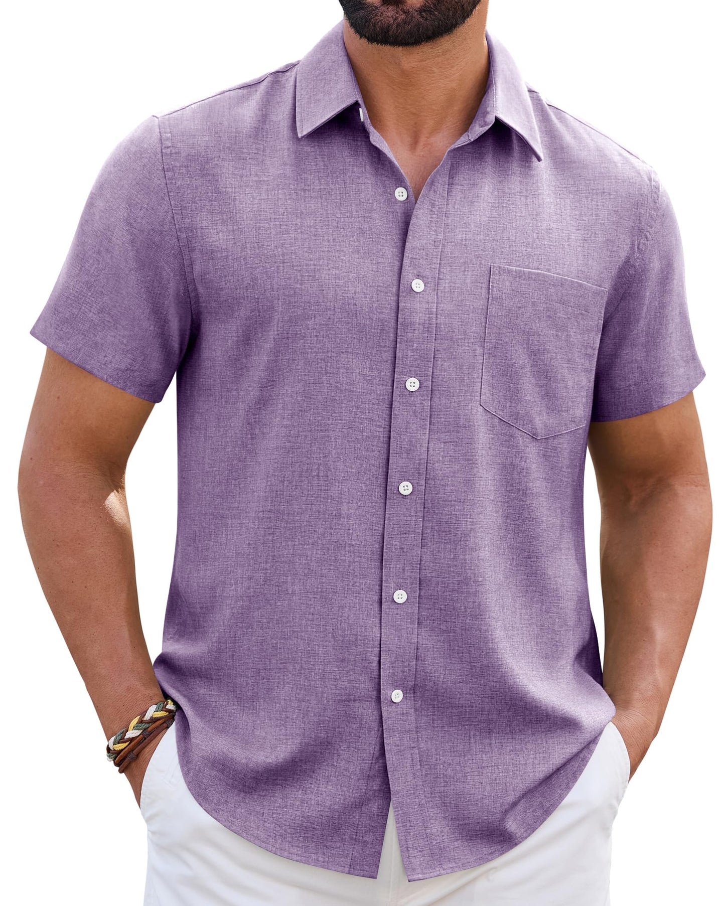 HOTMens Linen Shirt Short Sleeve Wrinkle Free Casual Untucked Button Down Shirts Beach Breathable Tops Summer