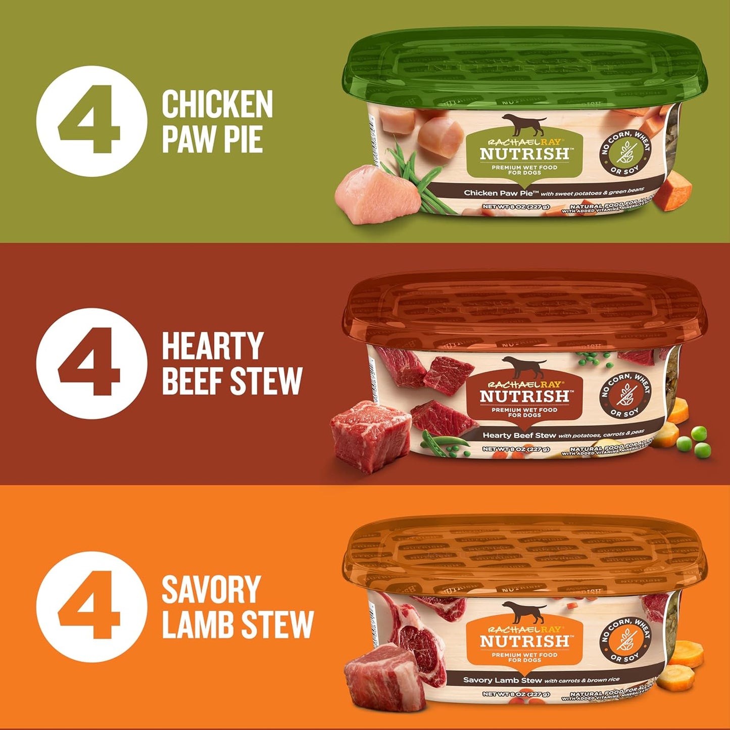 HOTNutrish Savory Favorites Wet Dog Food Variety Pack, 8 oz Tubs (Rachael Ray) | Pack of 6, Includes 3 Delicious Flavors of Chicken Paw Pie, Hearty Beef Stew & Savory Lamb Stew, No Artificial Flavors