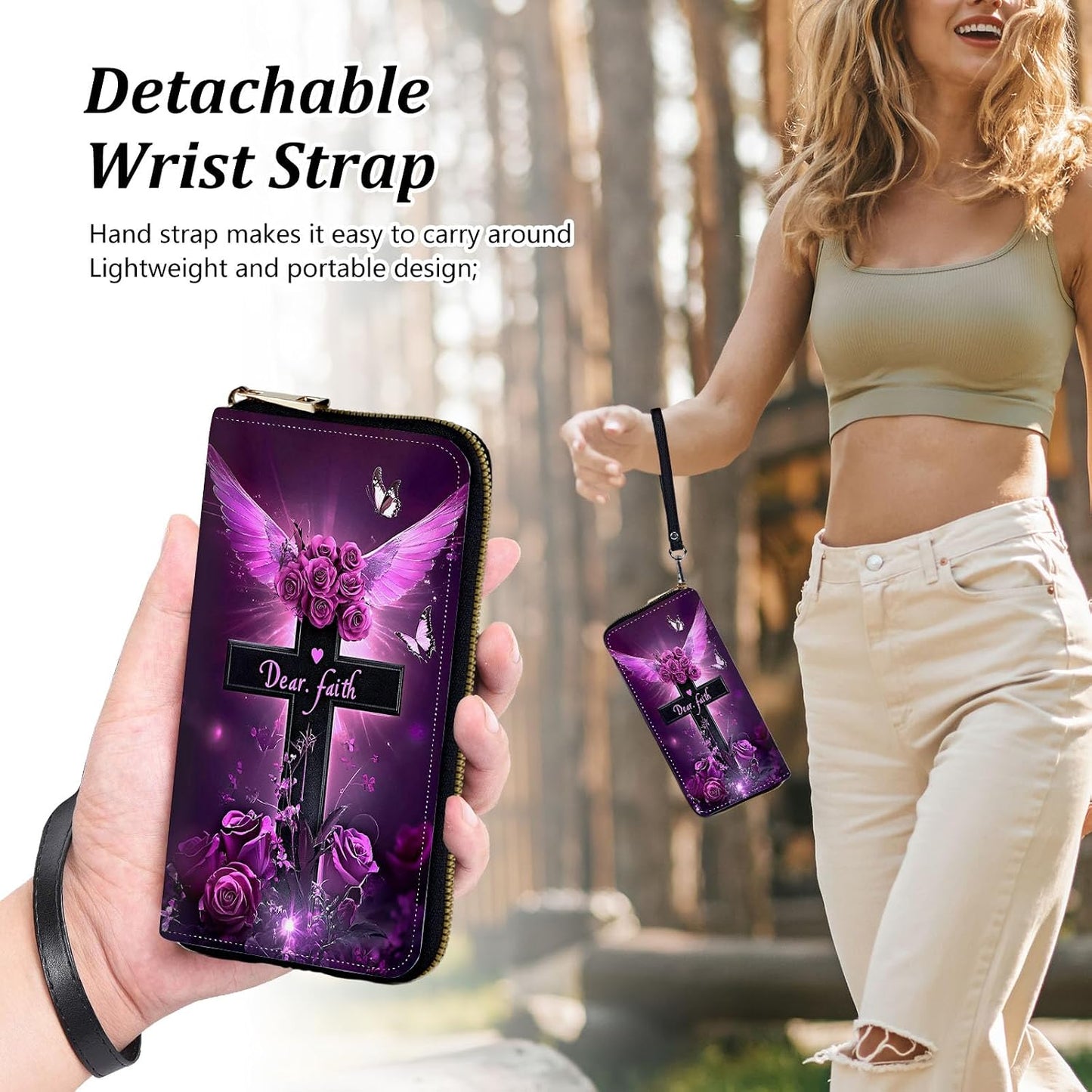 HOTWristlet Wallets for Women,Ladies Women's Wallet,Clutch Purses for Female Leather Large Capacity Credit Card Holder with Zipper Slim Cute Coin Pocket,RFID Blocking,Cross Purple Flower