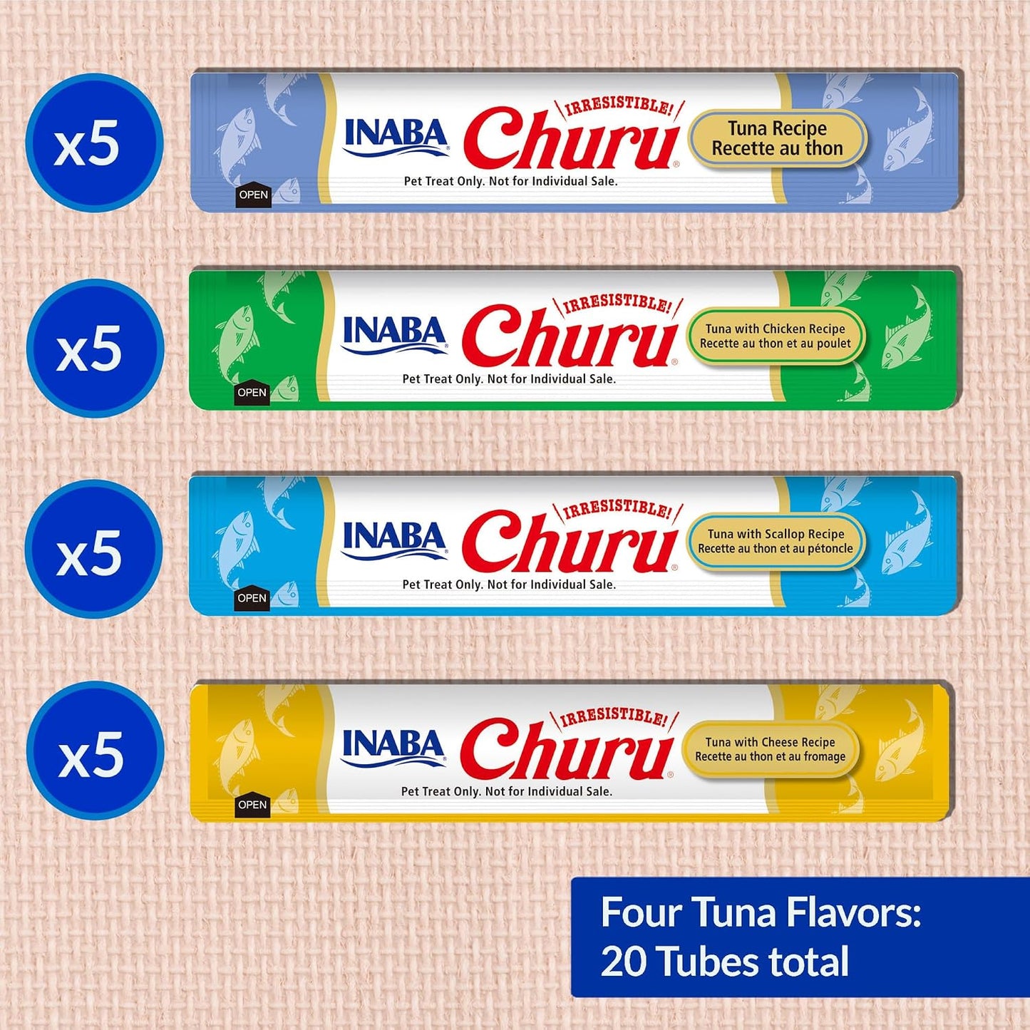 HOTINABA Churu Cat Treats, Lickable, Squeezable Creamy Purée Cat Treat with Green Tea Extract & Taurine, 0.5 Ounces Each Tube, 20 Tubes, Tuna Variety Box