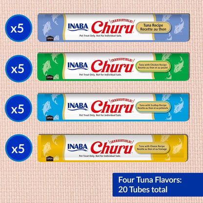 HOTINABA Churu Cat Treats, Lickable, Squeezable Creamy Purée Cat Treat with Green Tea Extract & Taurine, 0.5 Ounces Each Tube, 20 Tubes, Tuna Variety Box