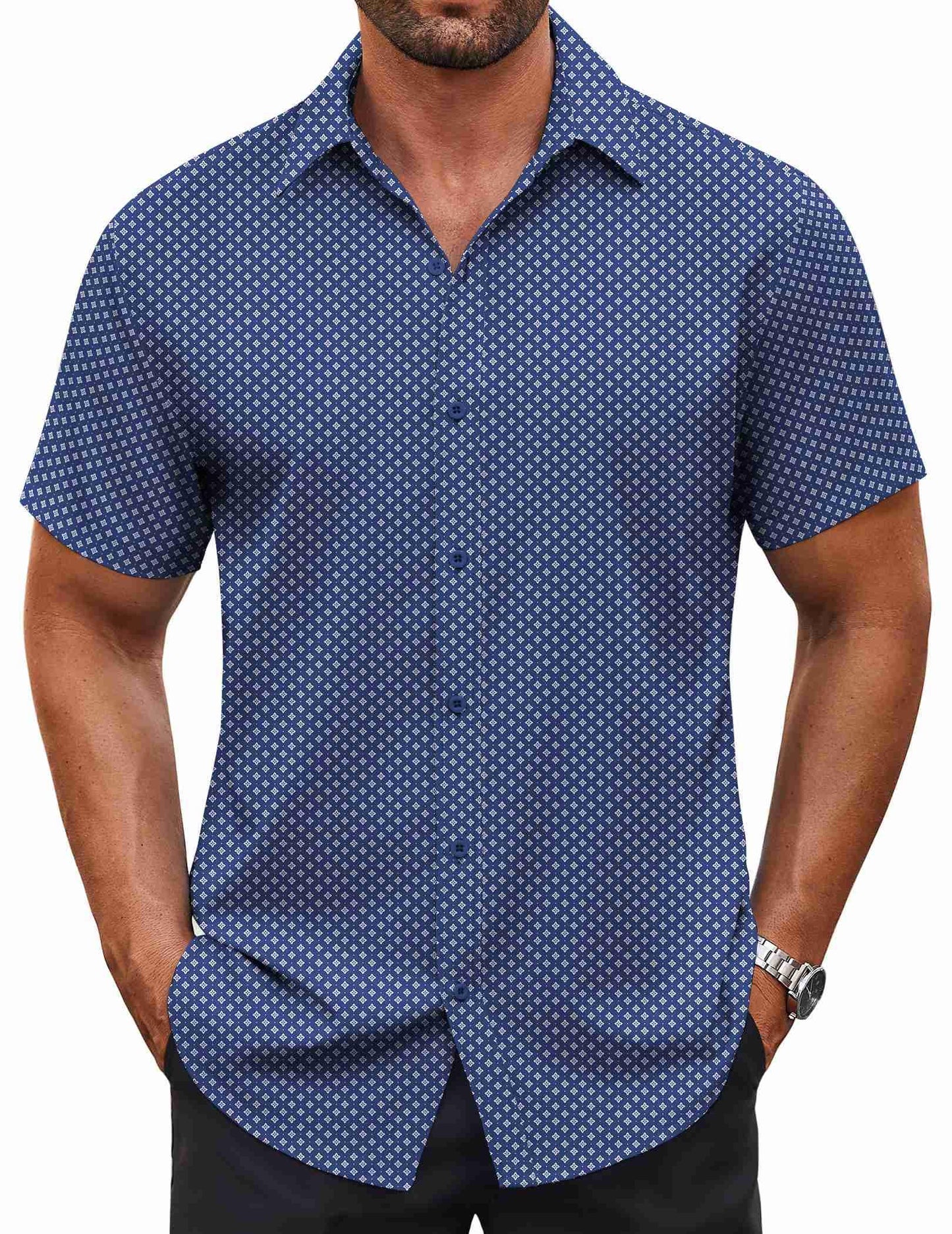 HOTCOOFANDY Men's Button Down Shirt Short Sleeve Dress Shirt Casual Beach Summer Wedding Shirt
