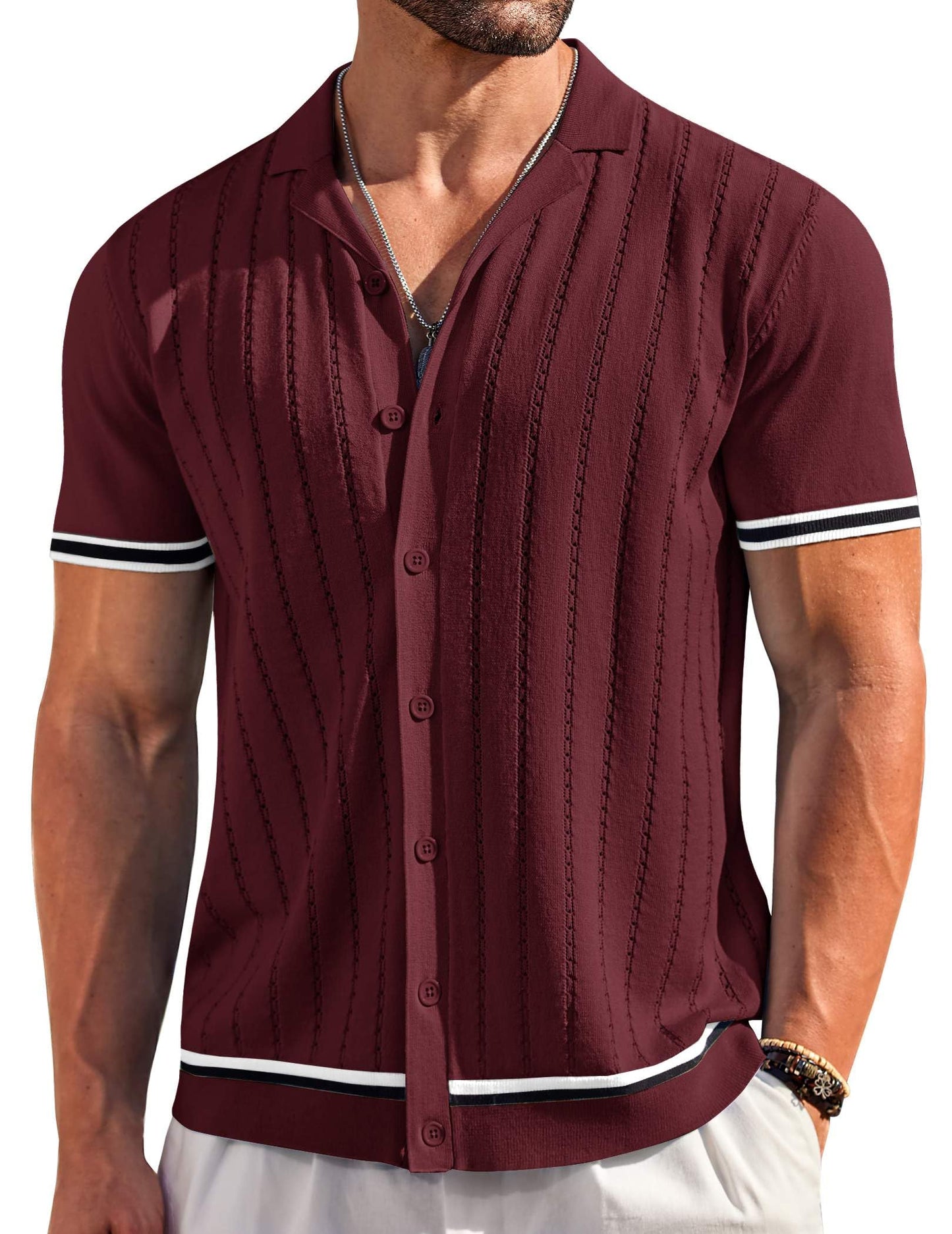 HOTCOOFANDY Men's Short Sleeve Knit Shirt Casual Button Down Shirt Vintage Striped Knitted Golf Beach Tops