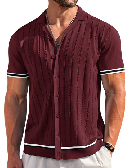HOTCOOFANDY Men's Short Sleeve Knit Shirt Casual Button Down Shirt Vintage Striped Knitted Golf Beach Tops