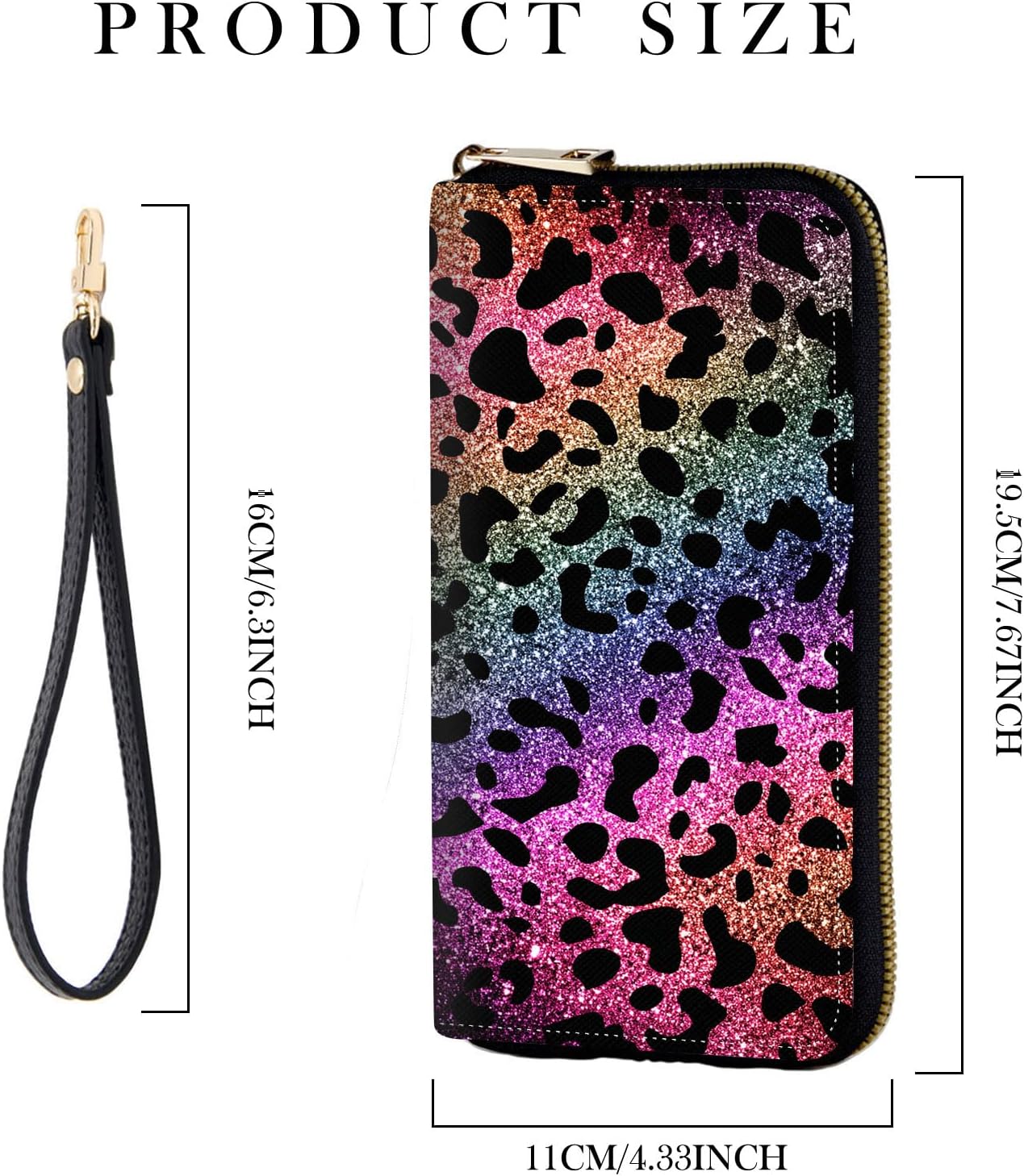HOTRFID-Blocking Zip Around Wallets for Women with Detachable Wrist Strap, Large Capacity Credit Card Holder for Secure Everyday Use,Rainbow Glitter Leopard Print