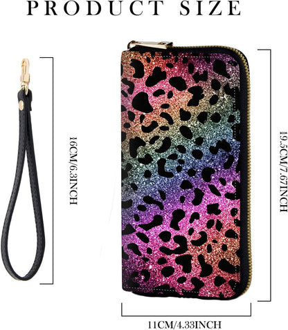 HOTRFID-Blocking Zip Around Wallets for Women with Detachable Wrist Strap, Large Capacity Credit Card Holder for Secure Everyday Use,Rainbow Glitter Leopard Print