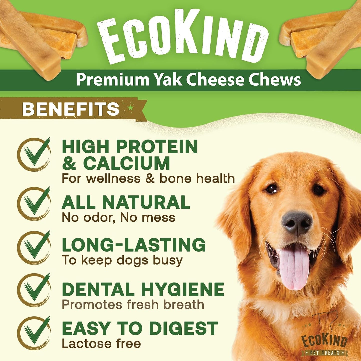 HOTEcoKind Yak Cheese Himalayan Dog Chews, Yak Chews for Large Dogs, 4-5 Bones | 1 Lb, Long Lasting for Aggressive Chewers, Only 3 Ingredient Natural High Protein Dental Dog Treats, No Additives or Lactose