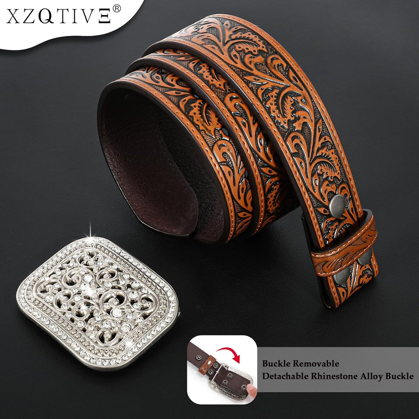 HOTXZQTIVE Women Men Western Belt Vintage Country Belts For Cowgirl Cowboys Genuine Leather Belt with Silver Diamond Buckle