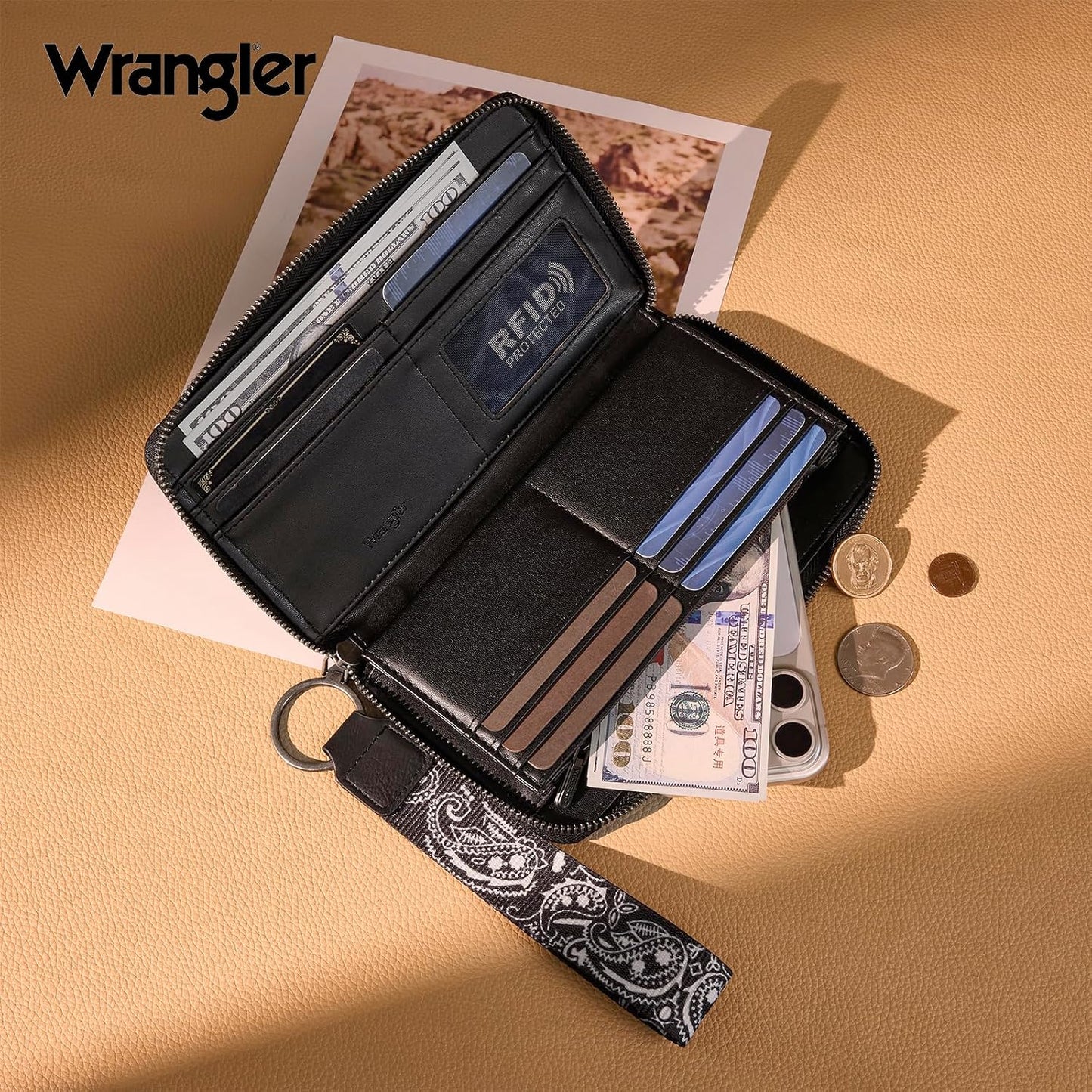 HOTMontana West Wrangler Western Paisley Wristlet Wallet for Women, PU Leather Zip Around Card Holder Clutch with RFID Blocking & Coin Pocket