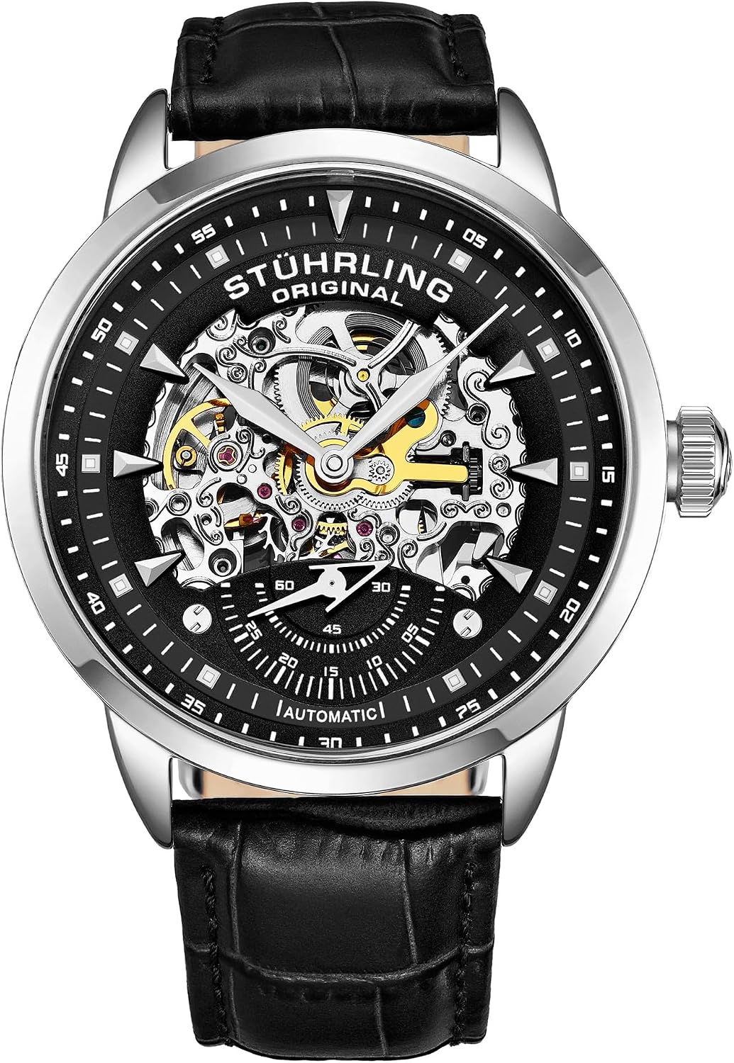 HOTStuhrling Original Mens Automatic Watch Skeleton Watches for Men - Black Leather Watch Strap Mechanical Watch Silver Executive Watch Collection (Black)