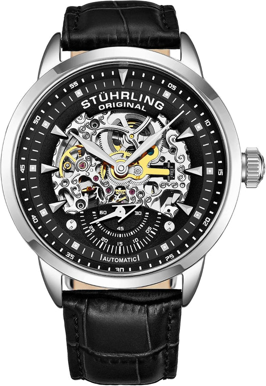 HOTStuhrling Original Mens Automatic Watch Skeleton Watches for Men - Black Leather Watch Strap Mechanical Watch Silver Executive Watch Collection (Black)