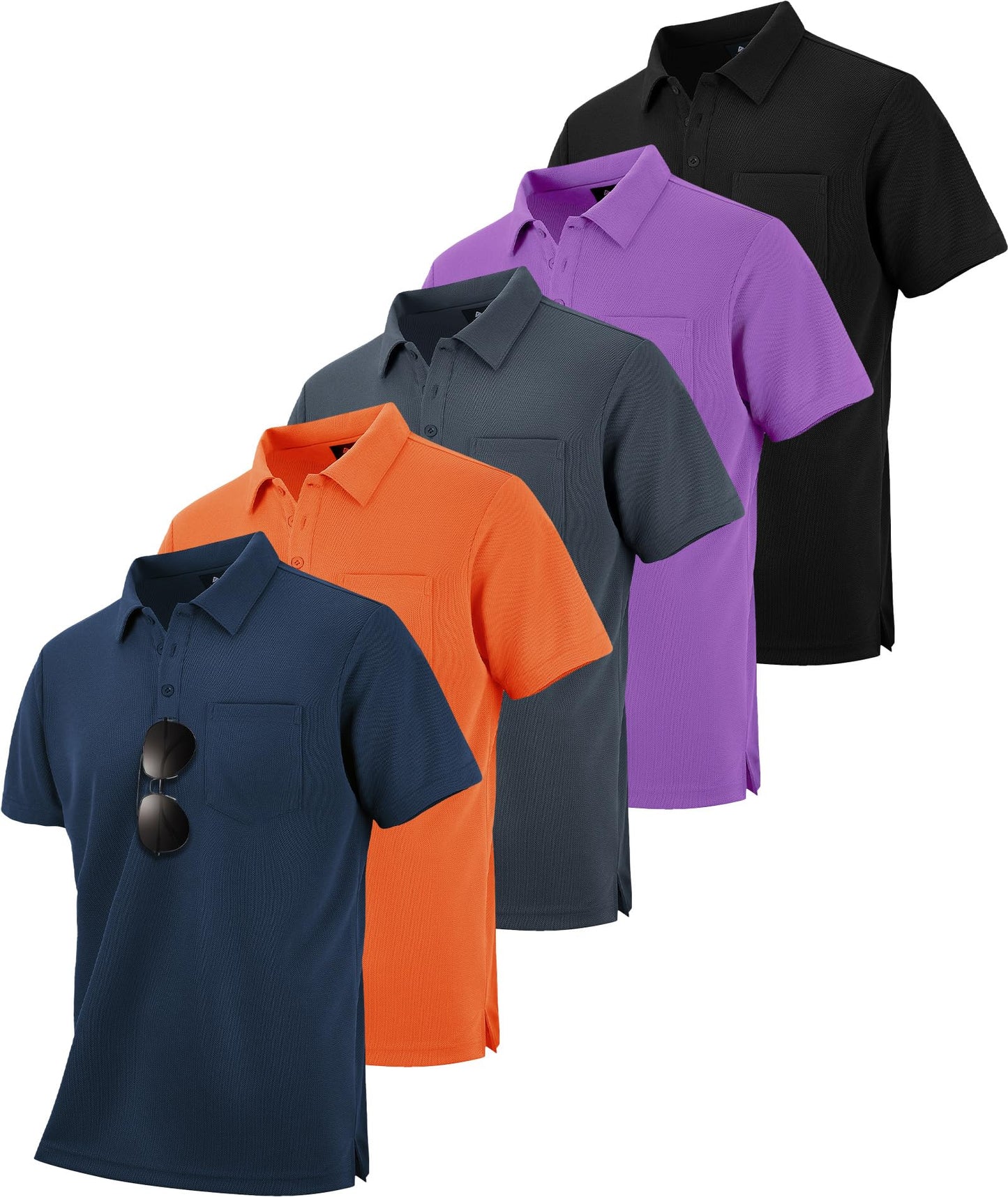 HOTSCODI 5 Pack Mens Pocket Polo Shirts Short Sleeve Multipack Golf Shirt for Men Moisture Wicking Casual Athletic Work T-Shirts