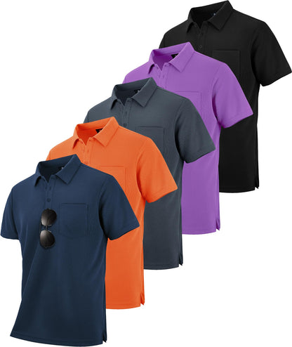 HOTSCODI 5 Pack Mens Pocket Polo Shirts Short Sleeve Multipack Golf Shirt for Men Moisture Wicking Casual Athletic Work T-Shirts