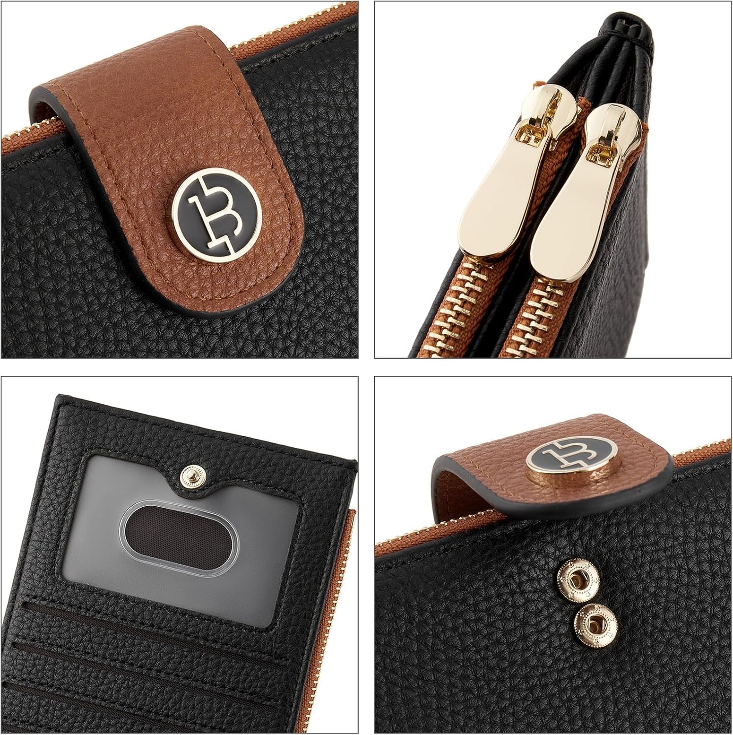 HOTBOSTANTEN Leather Wallets for Women Large RFID Blocking Slim Bifold Purse Card Holder with Zipper Pocket Black＆Brown