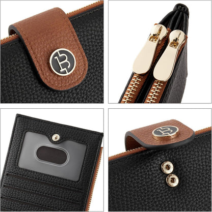 HOTBOSTANTEN Leather Wallets for Women Large RFID Blocking Slim Bifold Purse Card Holder with Zipper Pocket Black＆Brown