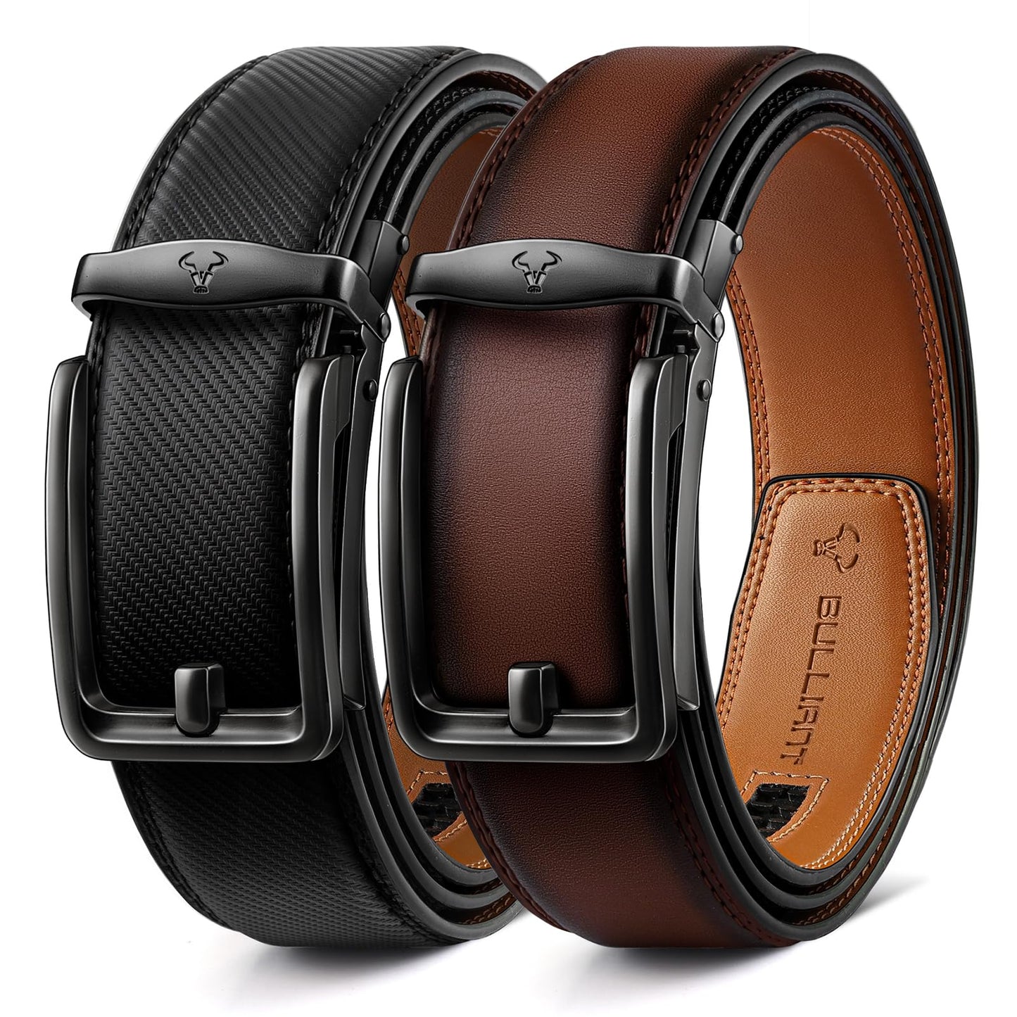 HOTBULLIANT Men Ratchet Belt 2 Pack, Click Sliding Leather Belt Adjustable for Gift Men Dress Casual Jeans 1 3/8,Cut for Fit