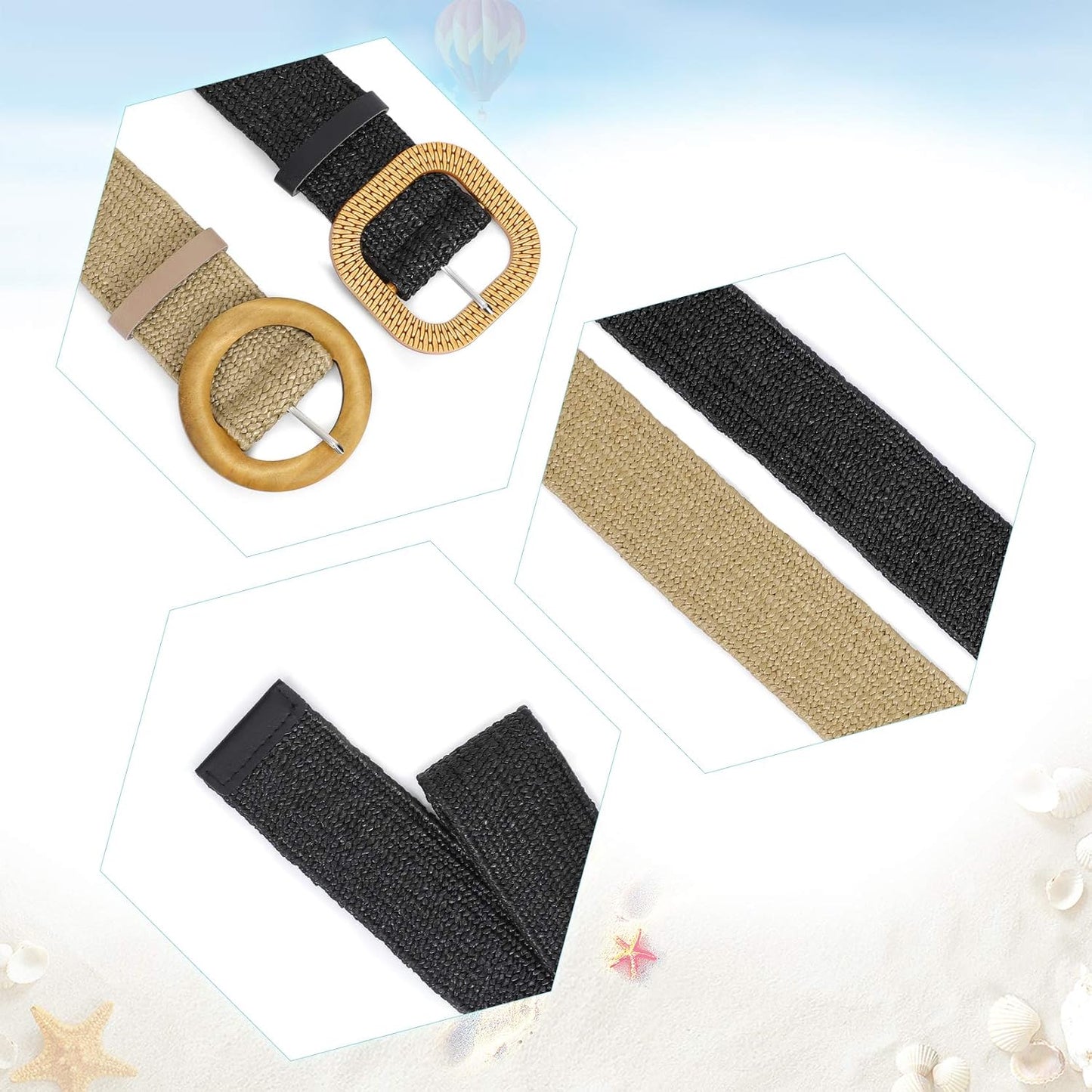 HOTWHIPPY Set of 3/4 Straw Woven Elastic Stretch Waist Belts for Women, Fashion Boho Ladies Braided Skinny Dress Belt