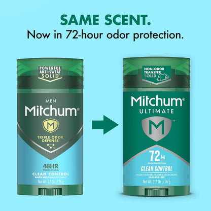 HOTMitchum Ultimate 72HR Odor Protection Men’s Antiperspirant & Deodorant, Long-Lasting Freshness, Invisible Solid, No White Residue Left on Skin, Clean Control, 2 pack