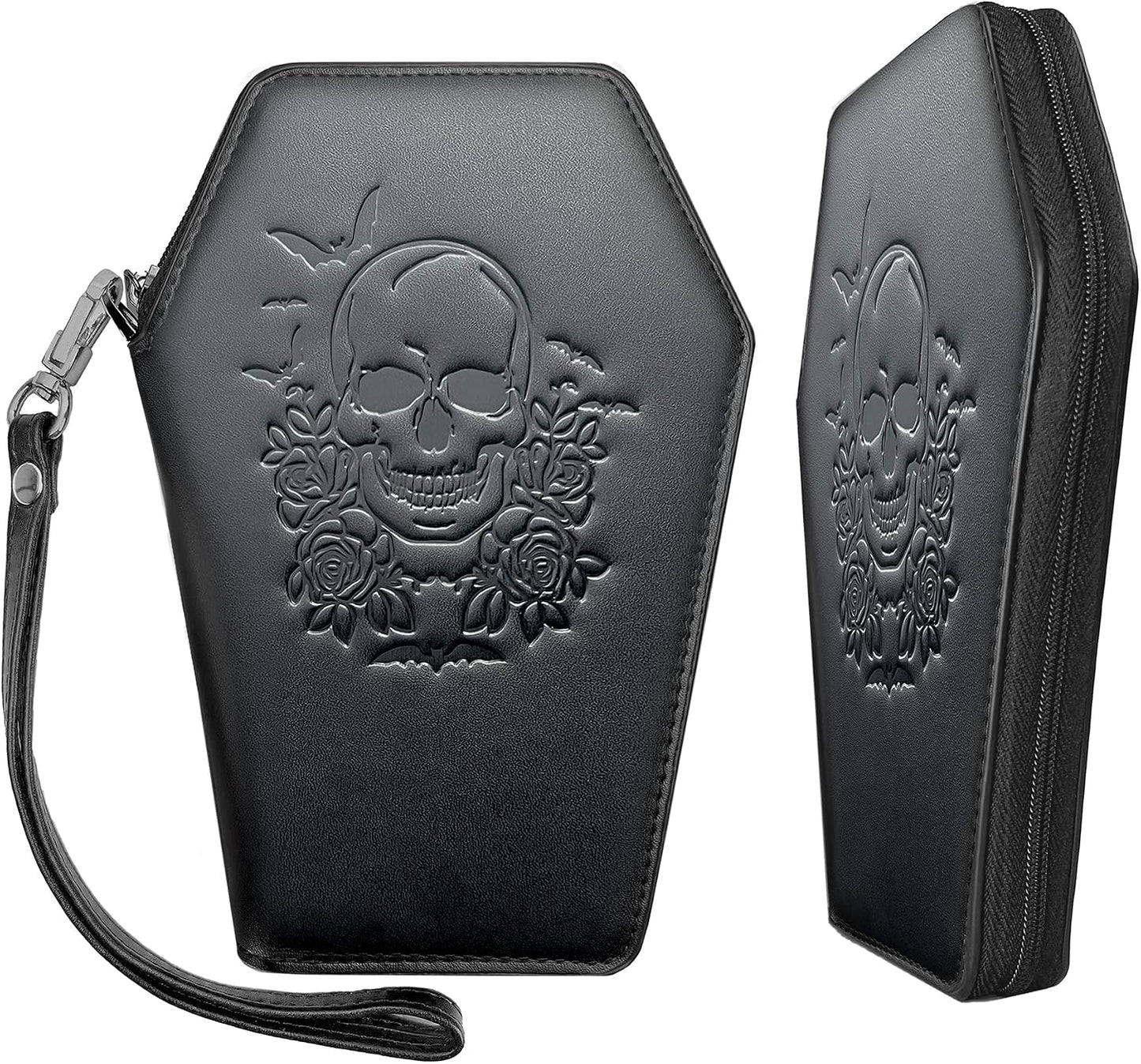 HOTLazy Skull Zip Around Coffin Wallet – Cute Witchy Small Purse for Women with Skull and Bat Design– Goth Accessory Wallet – Horror Coffin Purse– Spooky Halloween Gothic Wallet with Wristlet Strap