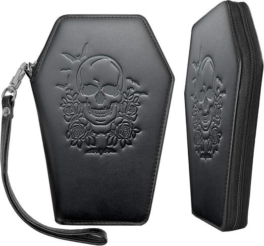 HOTLazy Skull Zip Around Coffin Wallet – Cute Witchy Small Purse for Women with Skull and Bat Design– Goth Accessory Wallet – Horror Coffin Purse– Spooky Halloween Gothic Wallet with Wristlet Strap