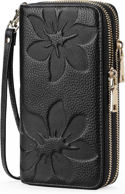 HOTGOIACII Women's Wallet Large Capacity Double Zip Ladies Card Phone Holder RFID Blocking Wristlet Leather
