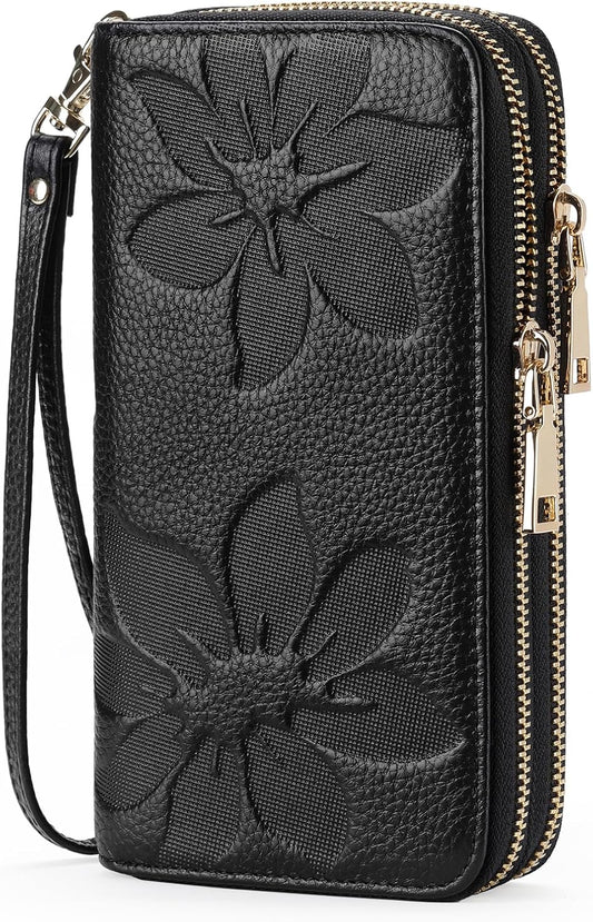 HOTGOIACII Women's Wallet Large Capacity Double Zip Ladies Card Phone Holder RFID Blocking Wristlet Leather