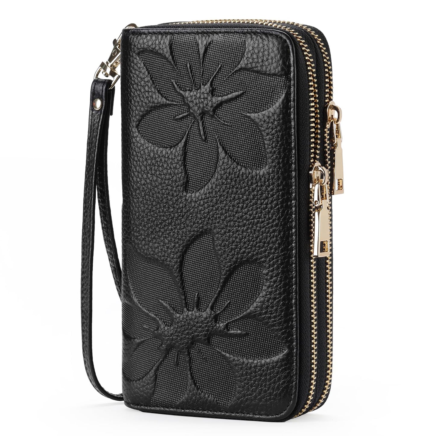 HOTGOIACII Women's Wallet Large Capacity Double Zip Ladies Card Phone Holder RFID Blocking Wristlet Leather