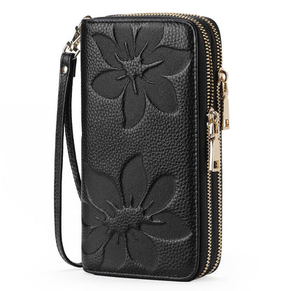 HOTGOIACII Women's Wallet Large Capacity Double Zip Ladies Card Phone Holder RFID Blocking Wristlet Leather