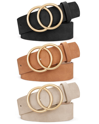 HOTXZQTIVE 3 Packs Women's Leather Belts For Jeans Dresses Pants Fashion Ladies Waist Belt with Double O-Ring Gold Buckle