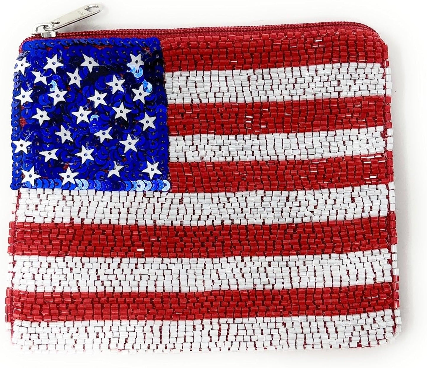 HOTTwine and Love USA Flag Beaded Pouch Purse, Blue Red White Small Wallet, Zipper Closure