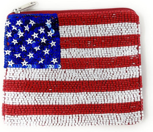 HOTTwine and Love USA Flag Beaded Pouch Purse, Blue Red White Small Wallet, Zipper Closure