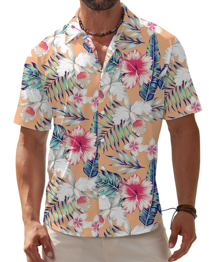 HOTBOJIN Men's Hawaiian Wrinkle Free Short Sleeve Button Down Tropical Floral Beach Vacation Shirt