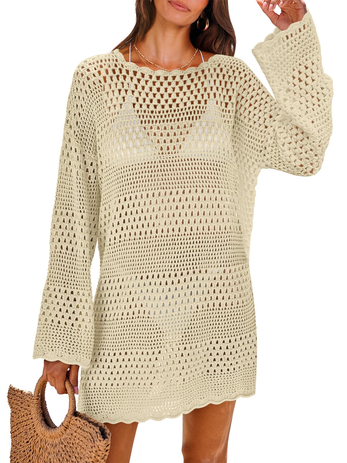 HOTANRABESS Women Swimsuit Crochet Swim Cover Up 2026 Summer Bathing Suit Swimwear Mesh Knit Beach Dress Vacation Outfits