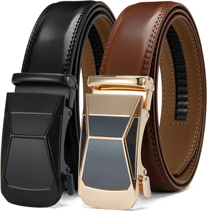 HOTDOOPAI Men's Leather Ratchet Belts 2 Pack Adjustable Click Belt Set for Dress & Casual, Custom Fit 1 3/8" (35mm) -Trim to Fit