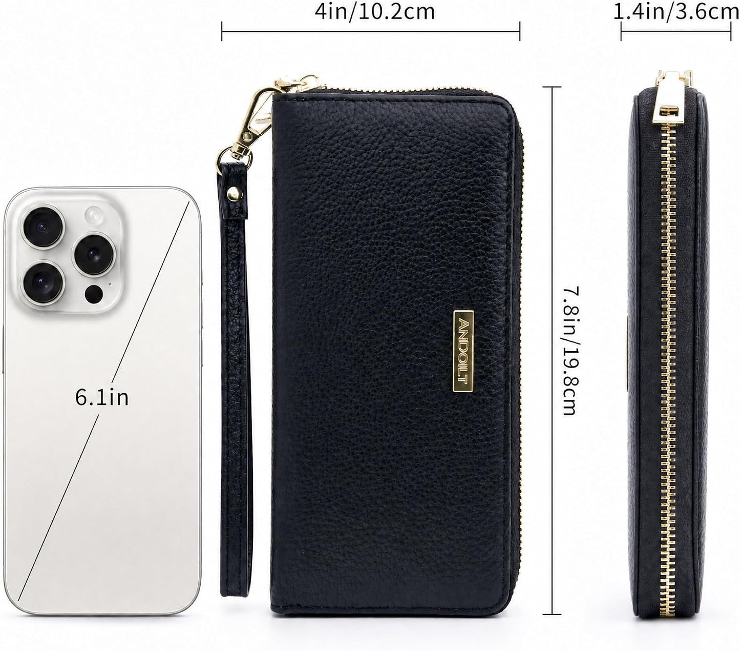 HOTANDOILT Womens RFID Blocking Genuine Leather Zip Around Wallets Large Cell Phone Holder Clutch Travel Purse Wristlet (Black)
