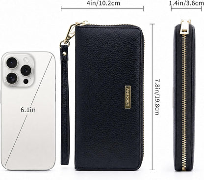 HOTANDOILT Womens RFID Blocking Genuine Leather Zip Around Wallets Large Cell Phone Holder Clutch Travel Purse Wristlet (Black)