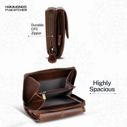 HOTHAMMONDS FLYCATCHER Wallet for Women - Genuine Leather Ladies Wallet - 14 Card Slots - RFID Protection - 3 ID Card Slots -RFID Wallet women -Daily Use, Women Money Purse - Blazing Brown