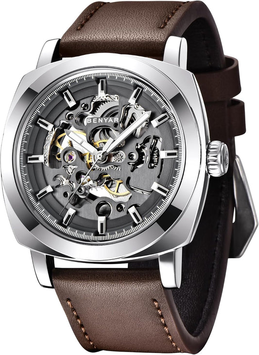 HOTBENYAR Men's Mechanical Automatic Watch | Leather Strap | Gold Movement | 45mm Skeleton Dial | Water Resistant and Scratch Resistant Stylish Gift