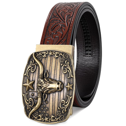 HOTSANSTHS Western Cowboy Ratchet Belts for Men Women Leather Cowboy Belt with Automatic Western Buckle for Jeans Gifts