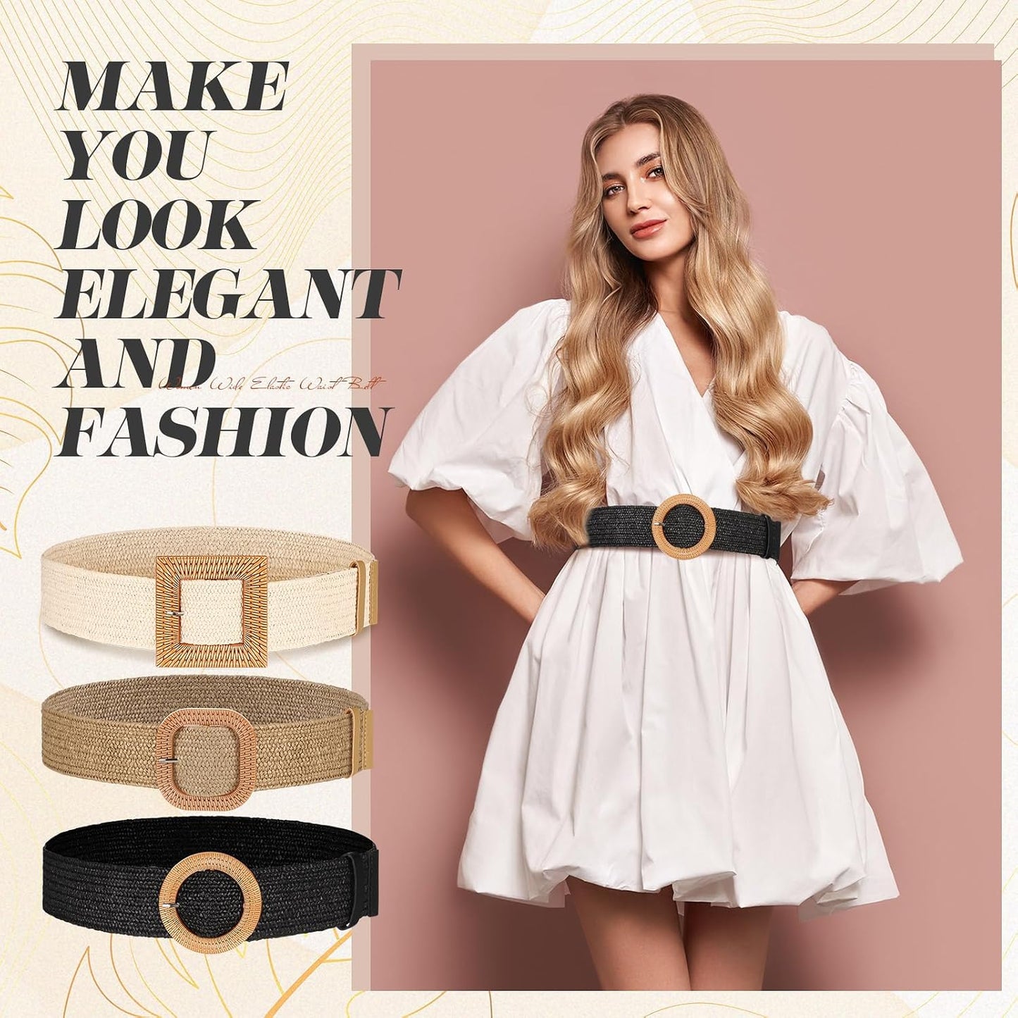 HOTSyhood 3 Pieces Straw Woven Elastic Waist Belt for Women Bohemian Dress Braided Belt
