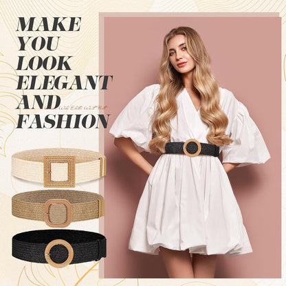HOTSyhood 3 Pieces Straw Woven Elastic Waist Belt for Women Bohemian Dress Braided Belt