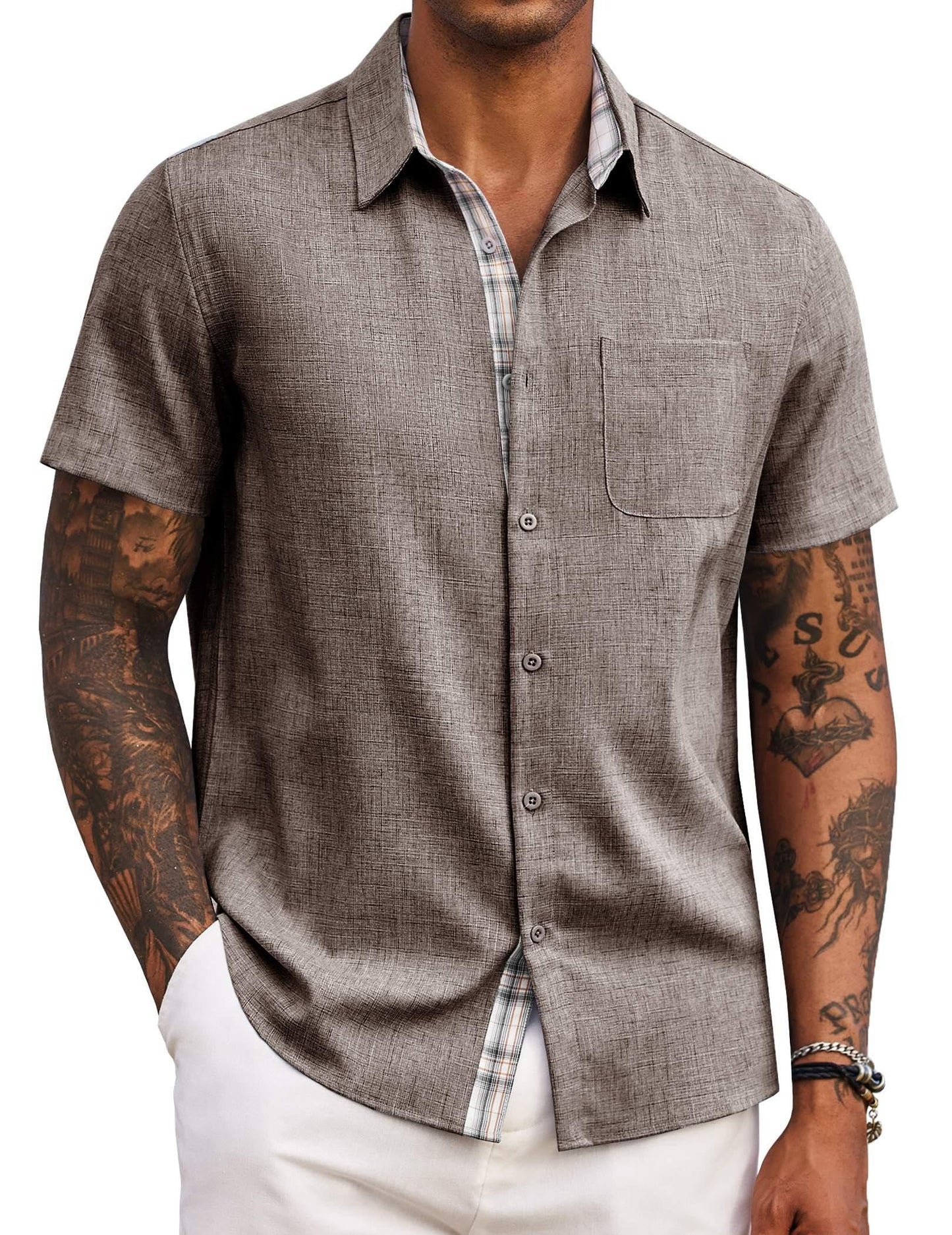 HOTCOOFANDY Men's Button Down Shirts Short Sleeve Casual Summer Beach Vacation Wedding Shirt with Pocket
