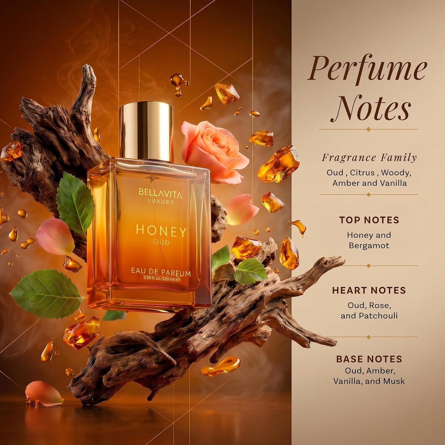 HOTBellavita Luxury Honey Oud Eau de Parfum | 100 ml (3.4 fl.oz.) | Perfume for Men and Women | Sweet Honey, Bergamot, Oud, and Amber Notes | Women's Day Special