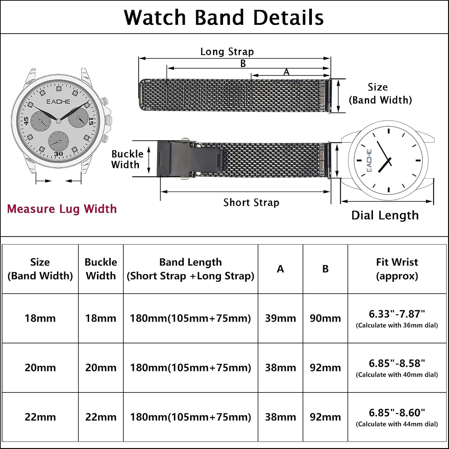 HOTEACHE Stainless Steel Thick Mesh Watch Bands for Mens, Quick Release Adjustable Heavy Duty Mesh Watch Straps 18mm 20mm 22mm