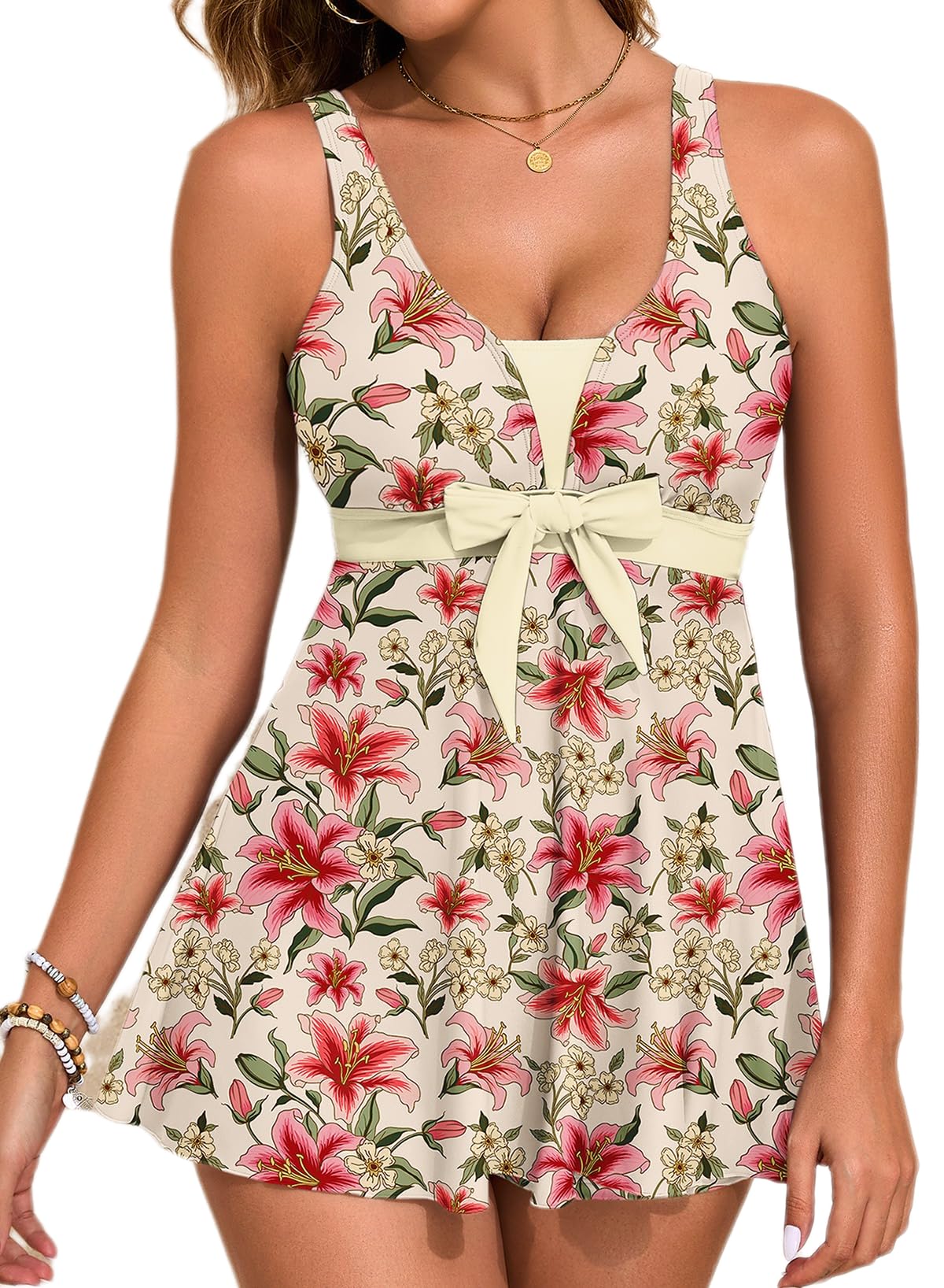 HOTAleumdr Women Printed Two Piece Tankini Swimsuits Tummy Control Swim Dress High Waisted Boyshort with Pockets